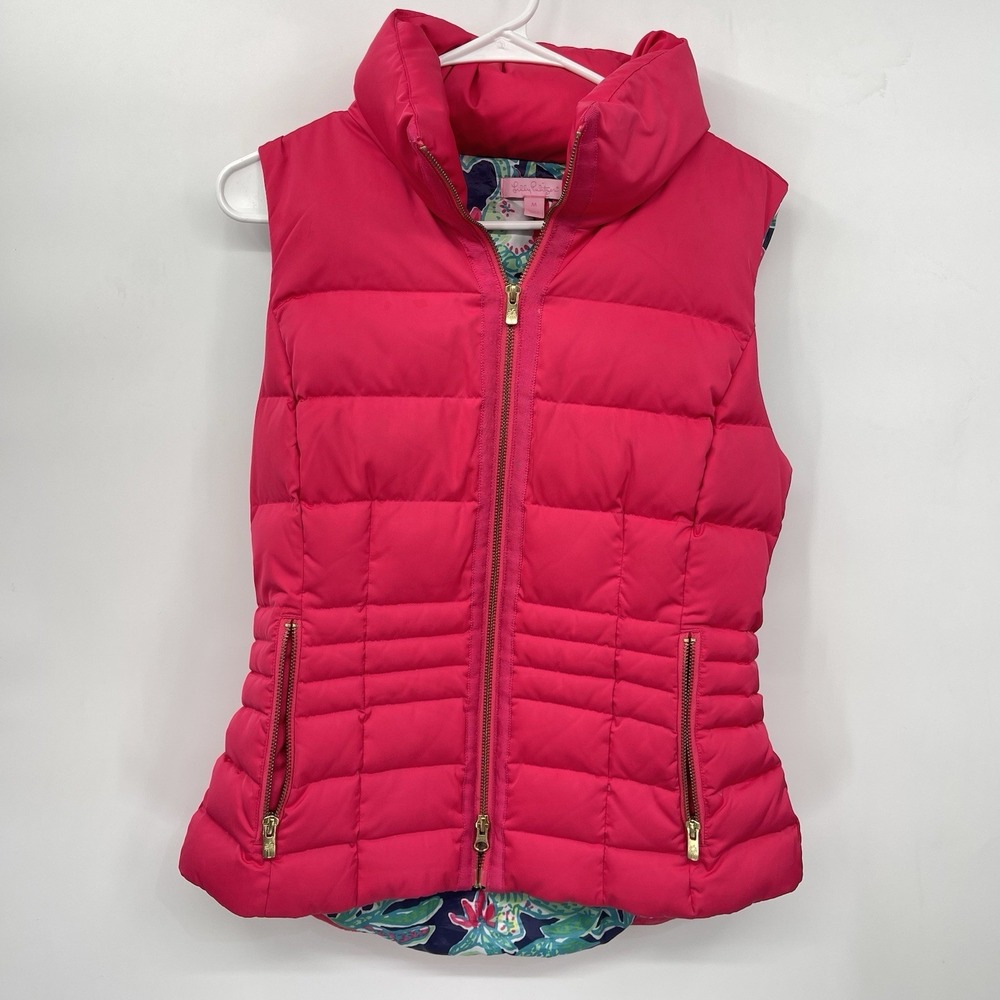 Lilly Pulitzer Medium Puffer Vest Womens Pink Floral Lining Gold Palm Tree Zip